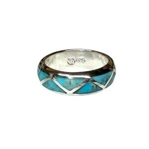 Sterling Silver 925 Genuine Turquoise Inlay Ring Handmade Geometric Band Size 9